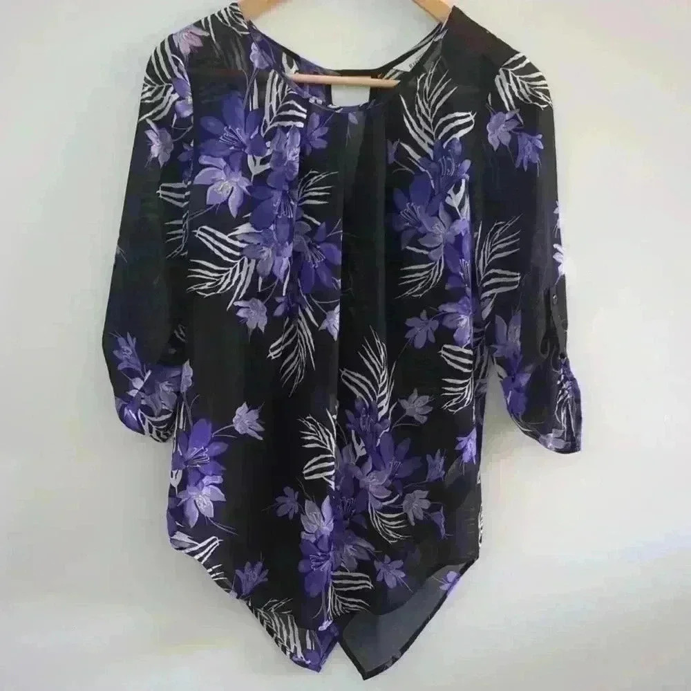 NORTHERN REFLECTIONS  | Women's Purple/Black/White Sheer Floral Blouse